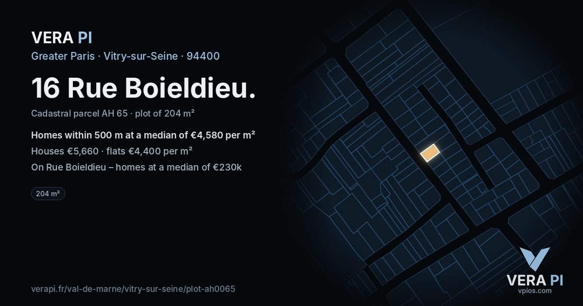 16 Rue Boieldieu, Vitry-sur-Seine at night – the plot lit, the parcels around coloured by the prices near them