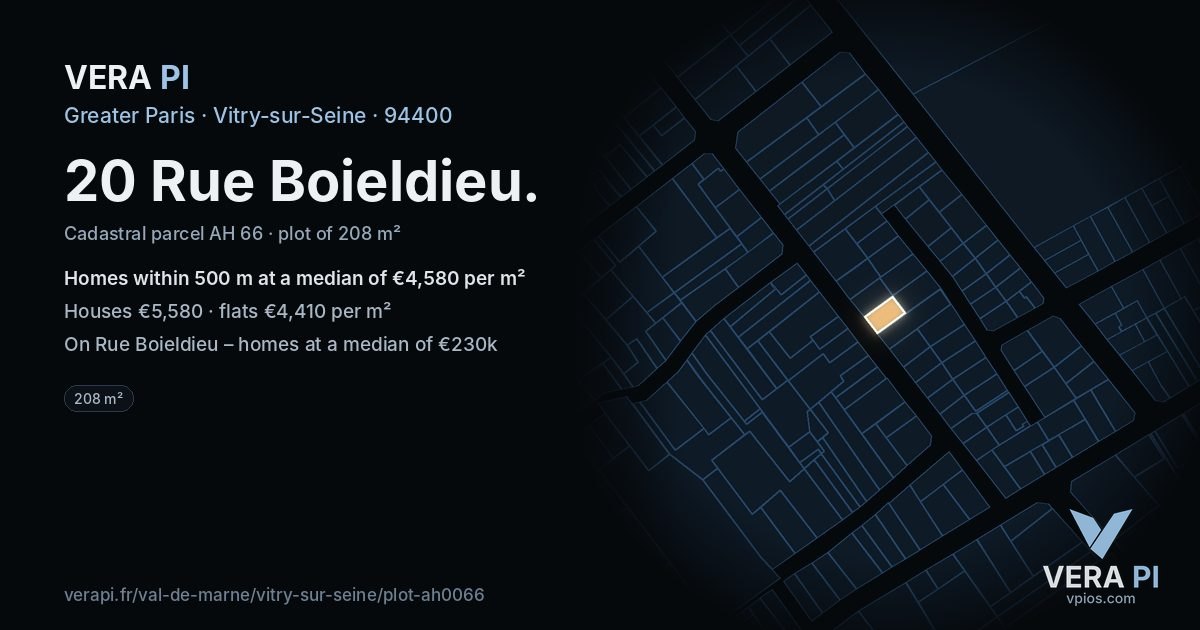 20 Rue Boieldieu, Vitry-sur-Seine at night – the plot lit, the parcels around coloured by the prices near them