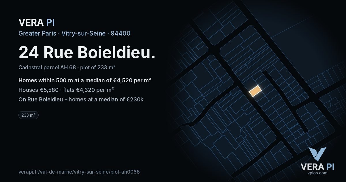 24 Rue Boieldieu, Vitry-sur-Seine at night – the plot lit, the parcels around coloured by the prices near them