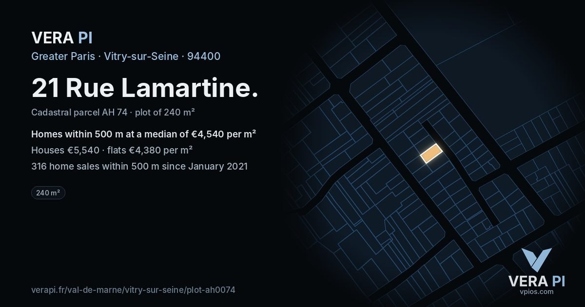 21 Rue Lamartine, Vitry-sur-Seine at night – the plot lit, the parcels around coloured by the prices near them