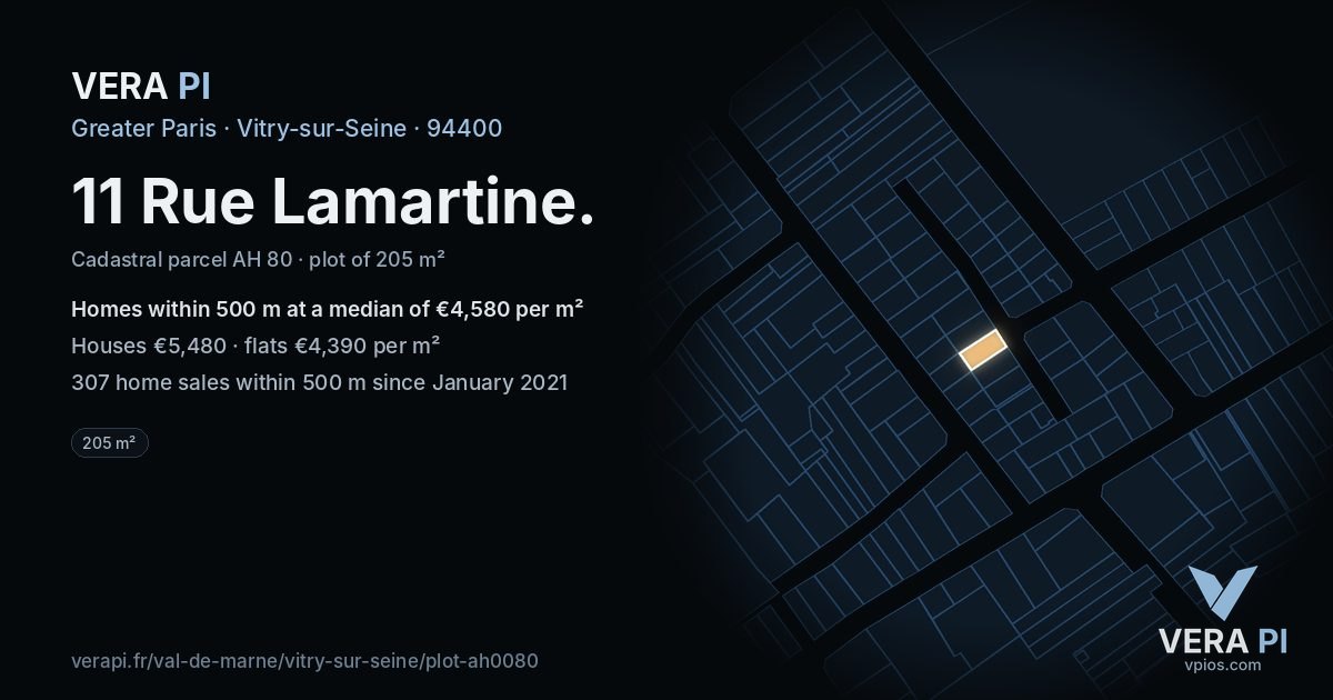 11 Rue Lamartine, Vitry-sur-Seine at night – the plot lit, the parcels around coloured by the prices near them