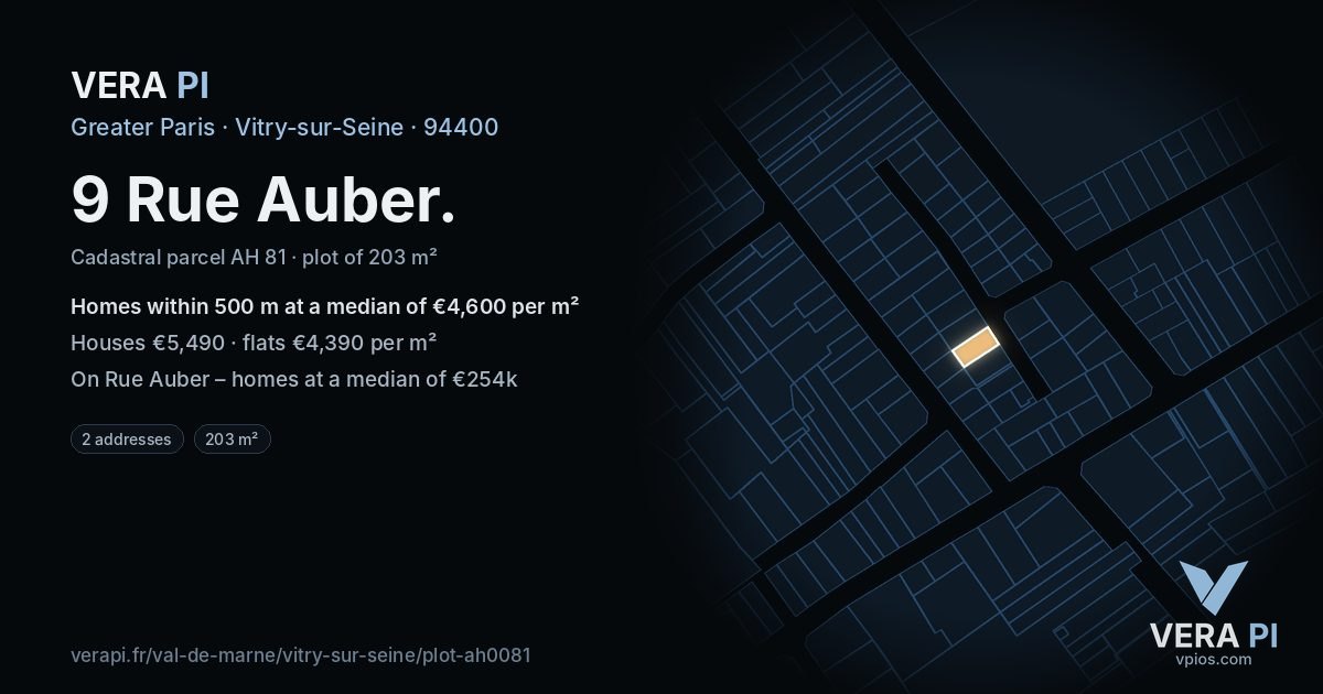 9 Rue Auber, Vitry-sur-Seine at night – the plot lit, the parcels around coloured by the prices near them