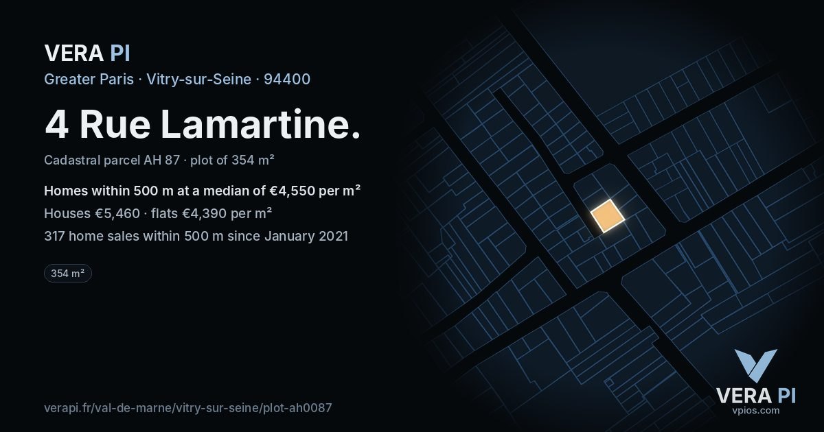 4 Rue Lamartine, Vitry-sur-Seine at night – the plot lit, the parcels around coloured by the prices near them