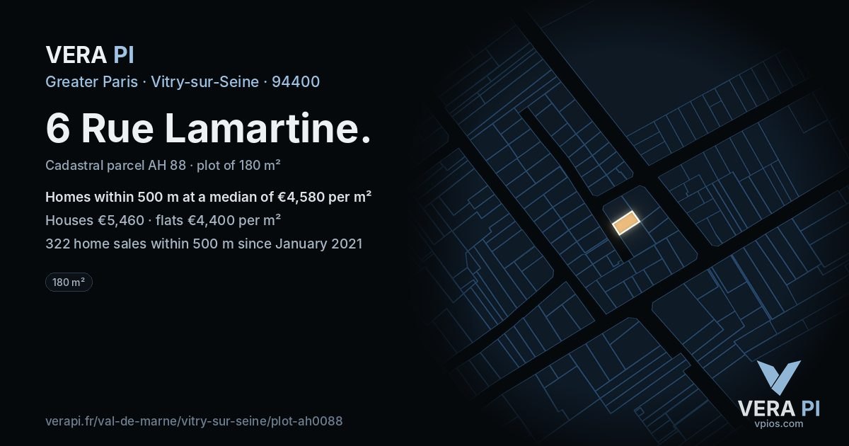 6 Rue Lamartine, Vitry-sur-Seine at night – the plot lit, the parcels around coloured by the prices near them