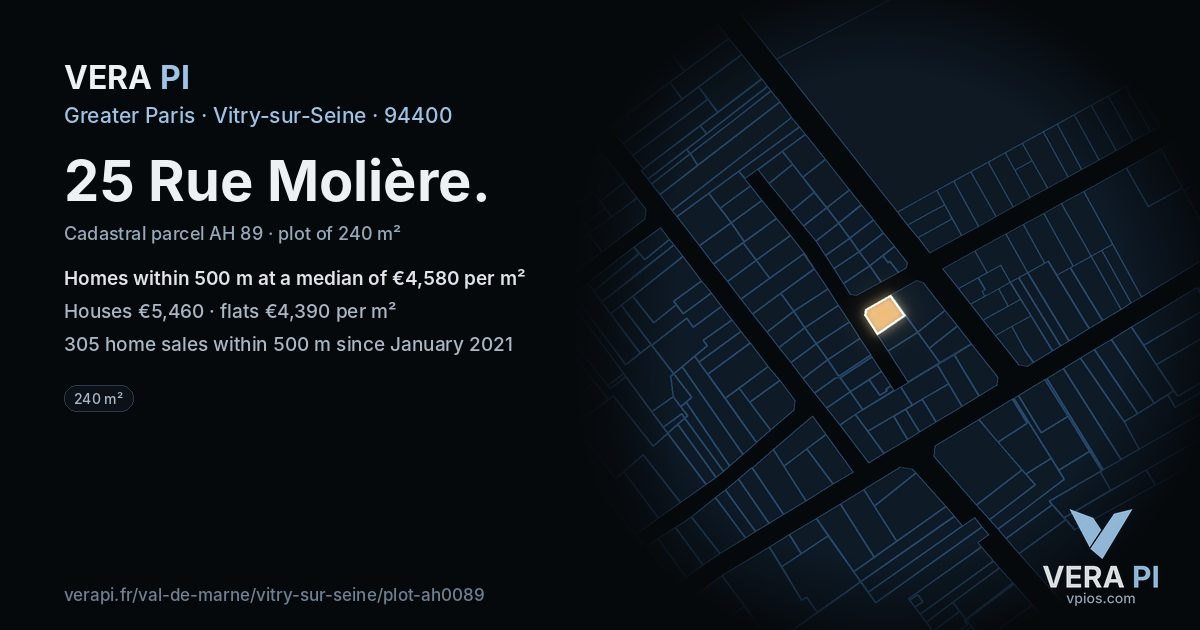 25 Rue Molière, Vitry-sur-Seine at night – the plot lit, the parcels around coloured by the prices near them