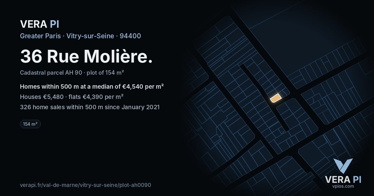 36 Rue Molière, Vitry-sur-Seine at night – the plot lit, the parcels around coloured by the prices near them