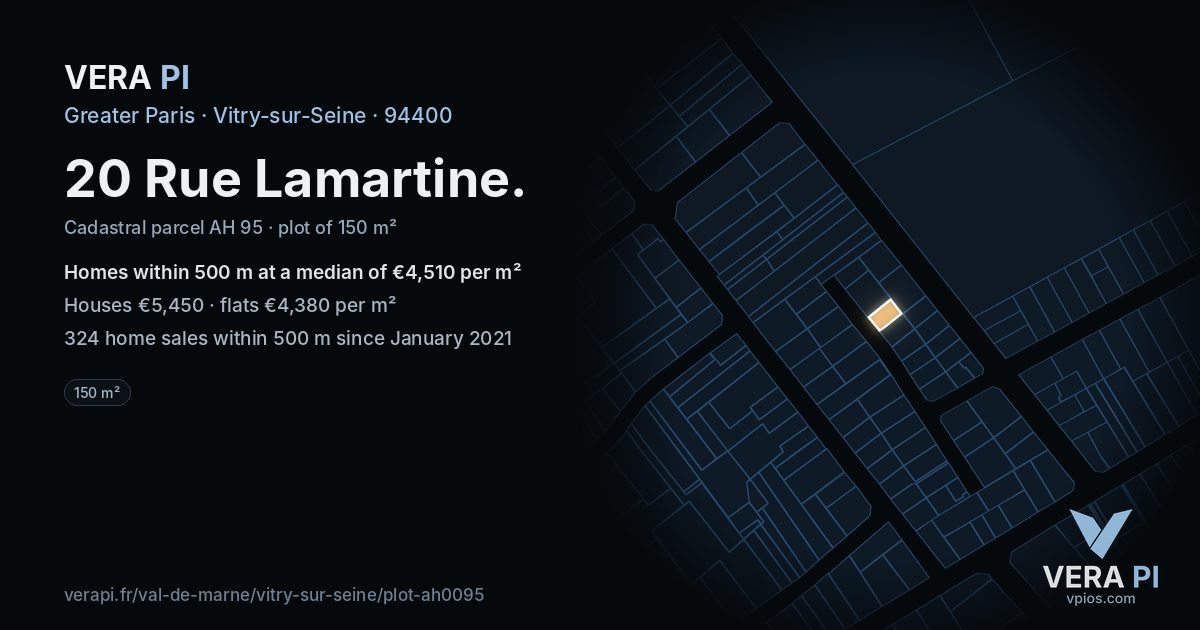 20 Rue Lamartine, Vitry-sur-Seine at night – the plot lit, the parcels around coloured by the prices near them