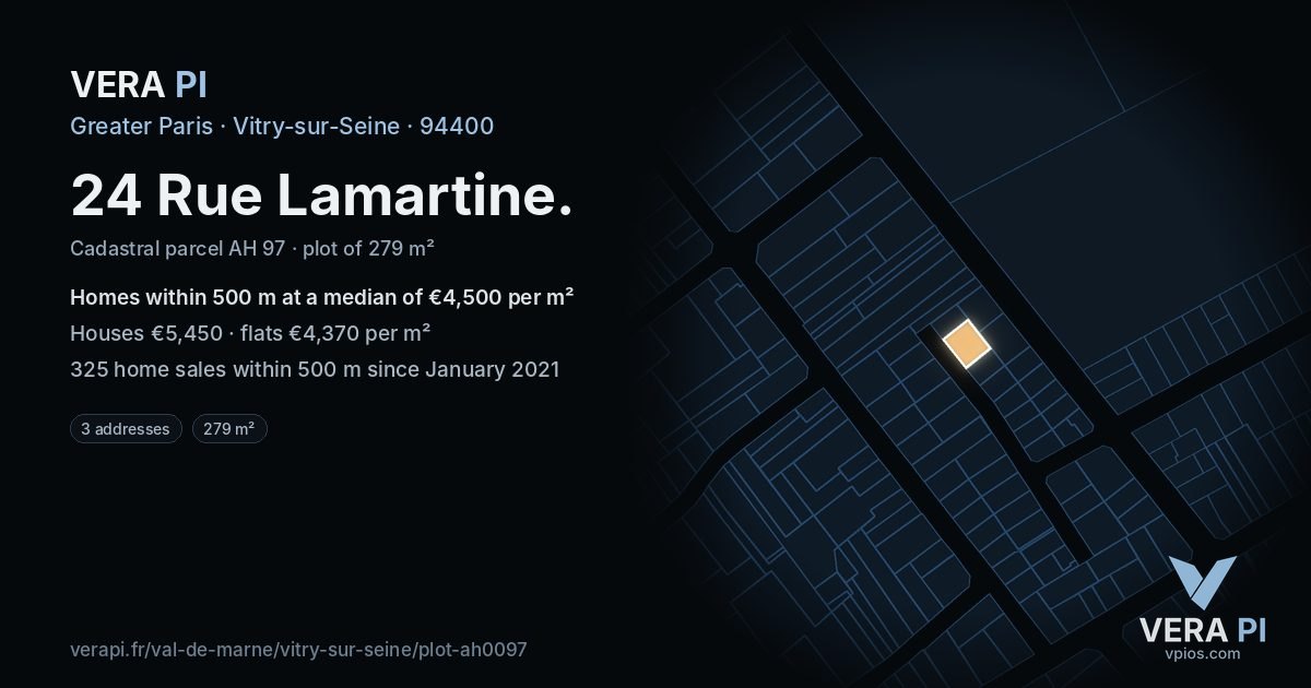 24 Rue Lamartine, Vitry-sur-Seine at night – the plot lit, the parcels around coloured by the prices near them
