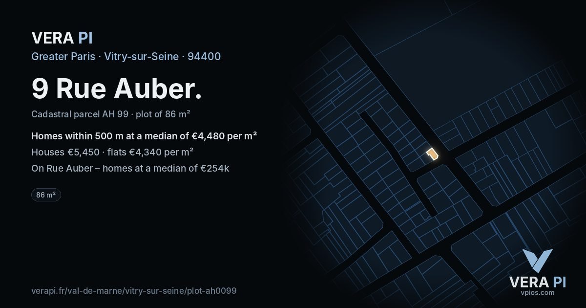 9 Rue Auber, Vitry-sur-Seine at night – the plot lit, the parcels around coloured by the prices near them