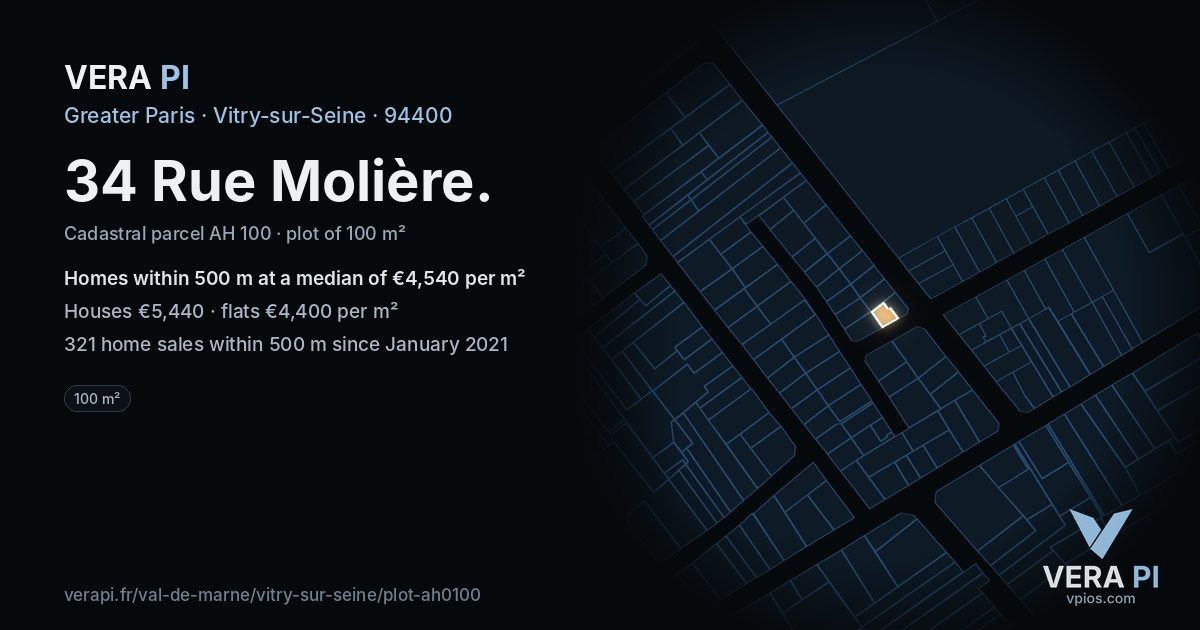 34 Rue Molière, Vitry-sur-Seine at night – the plot lit, the parcels around coloured by the prices near them