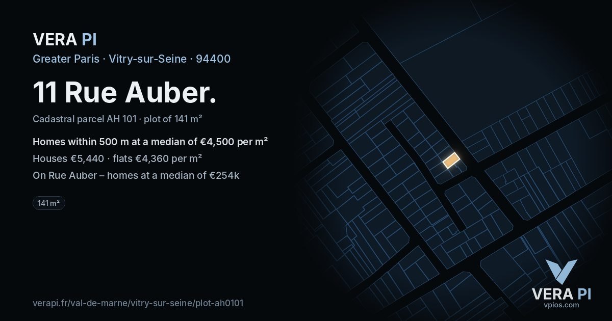 11 Rue Auber, Vitry-sur-Seine at night – the plot lit, the parcels around coloured by the prices near them