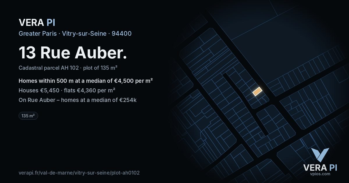 13 Rue Auber, Vitry-sur-Seine at night – the plot lit, the parcels around coloured by the prices near them
