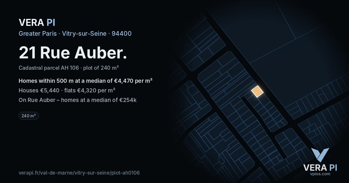 21 Rue Auber, Vitry-sur-Seine at night – the plot lit, the parcels around coloured by the prices near them