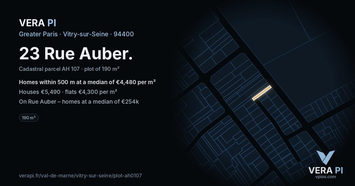 23 Rue Auber, Vitry-sur-Seine at night – the plot lit, the parcels around coloured by the prices near them