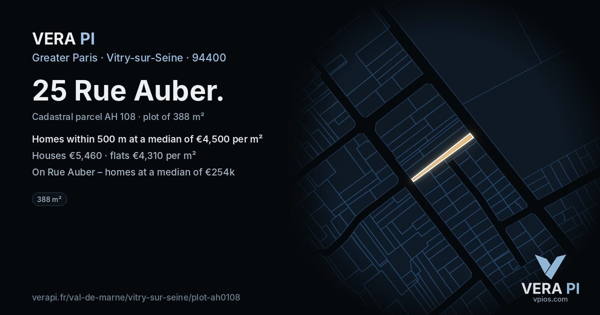25 Rue Auber, Vitry-sur-Seine at night – the plot lit, the parcels around coloured by the prices near them