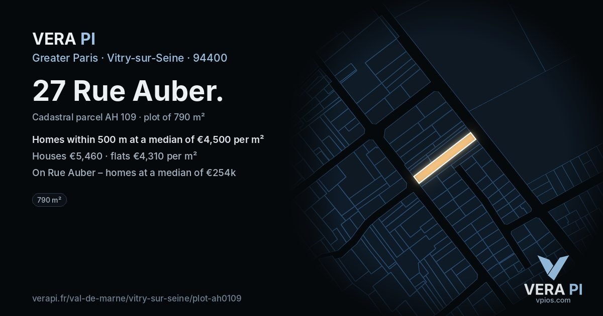 27 Rue Auber, Vitry-sur-Seine at night – the plot lit, the parcels around coloured by the prices near them