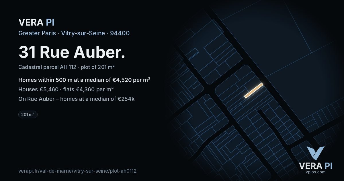31 Rue Auber, Vitry-sur-Seine at night – the plot lit, the parcels around coloured by the prices near them