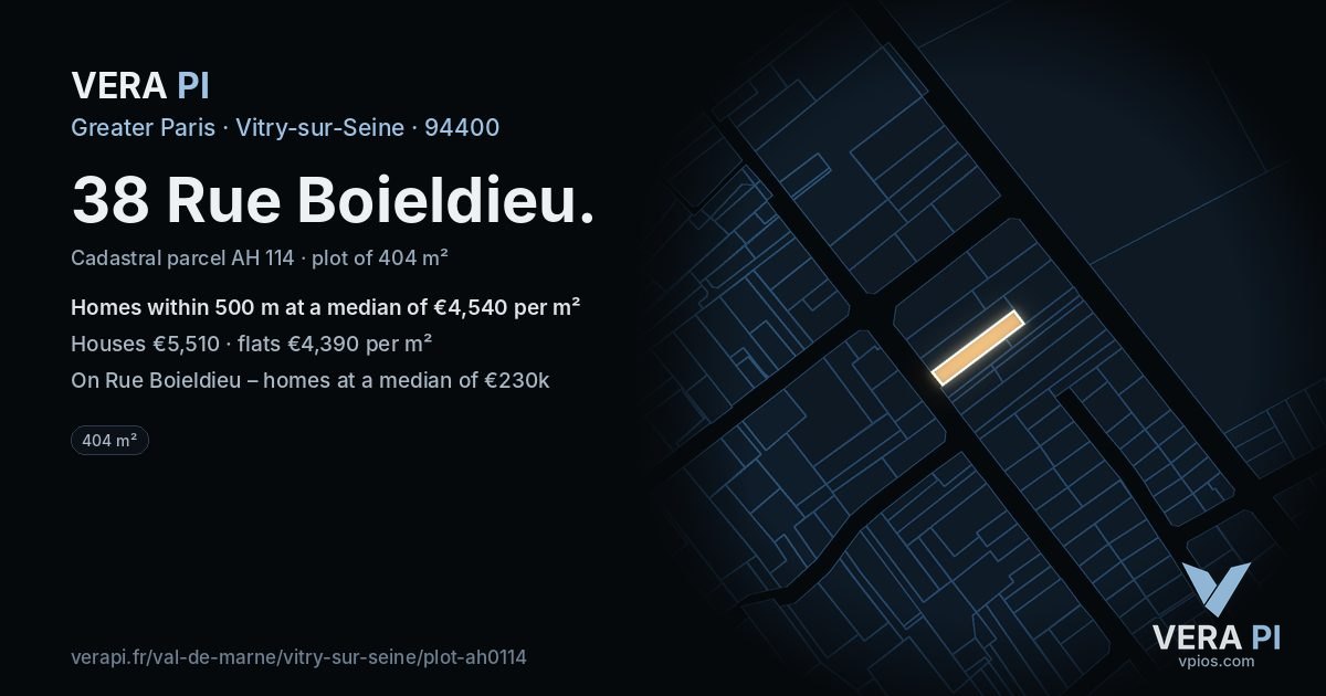 38 Rue Boieldieu, Vitry-sur-Seine at night – the plot lit, the parcels around coloured by the prices near them