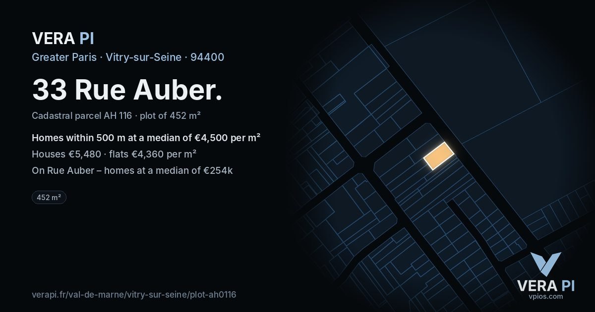33 Rue Auber, Vitry-sur-Seine at night – the plot lit, the parcels around coloured by the prices near them