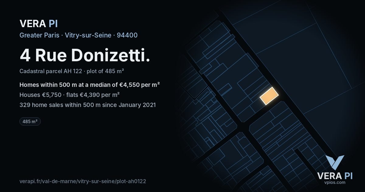 4 Rue Donizetti, Vitry-sur-Seine at night – the plot lit, the parcels around coloured by the prices near them