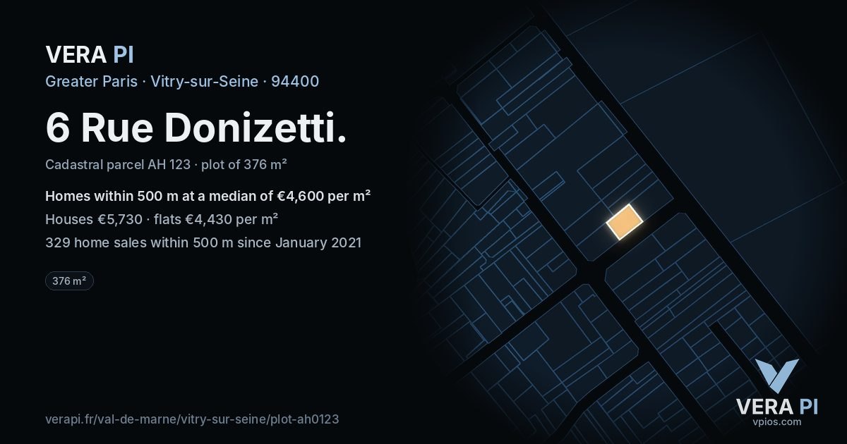 6 Rue Donizetti, Vitry-sur-Seine at night – the plot lit, the parcels around coloured by the prices near them