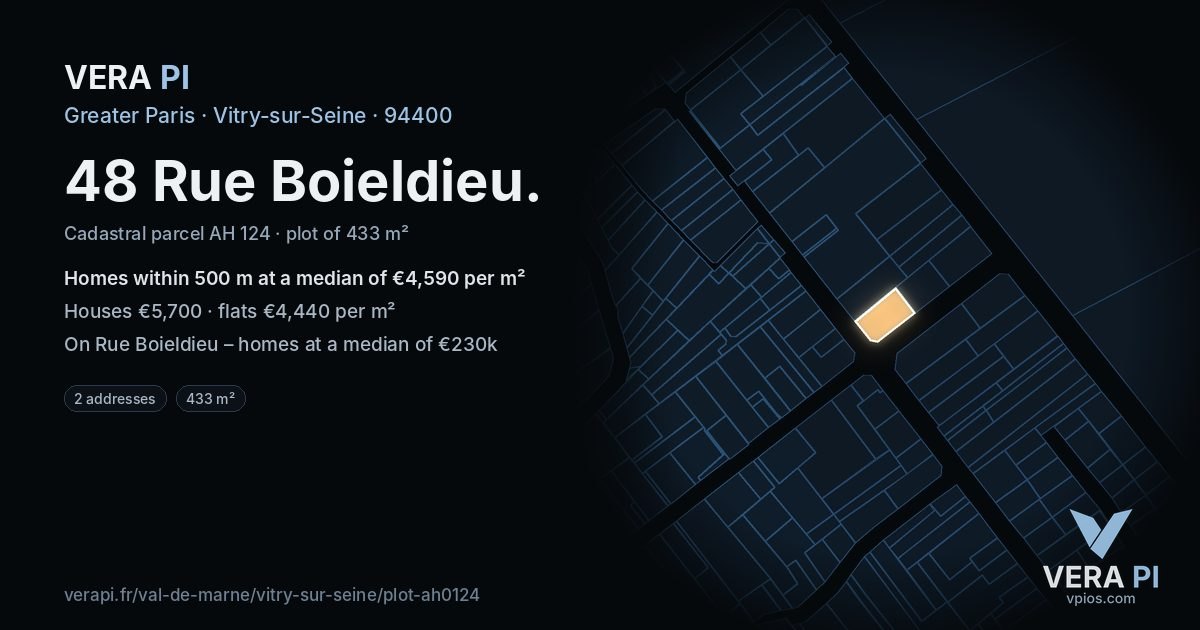 48 Rue Boieldieu, Vitry-sur-Seine at night – the plot lit, the parcels around coloured by the prices near them