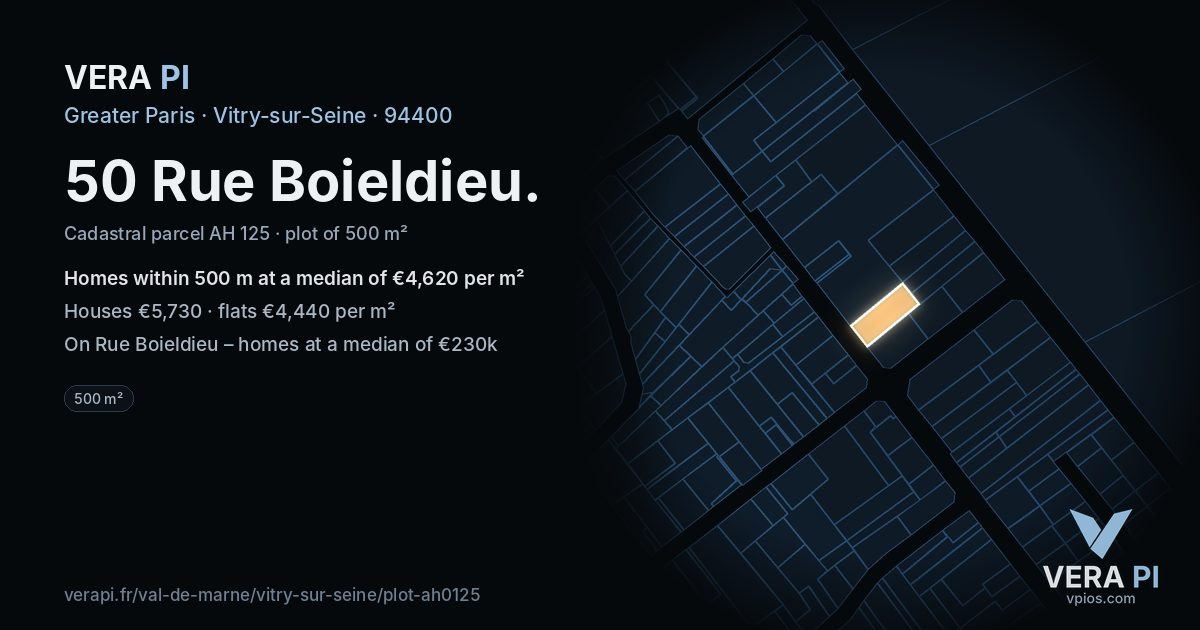 50 Rue Boieldieu, Vitry-sur-Seine at night – the plot lit, the parcels around coloured by the prices near them