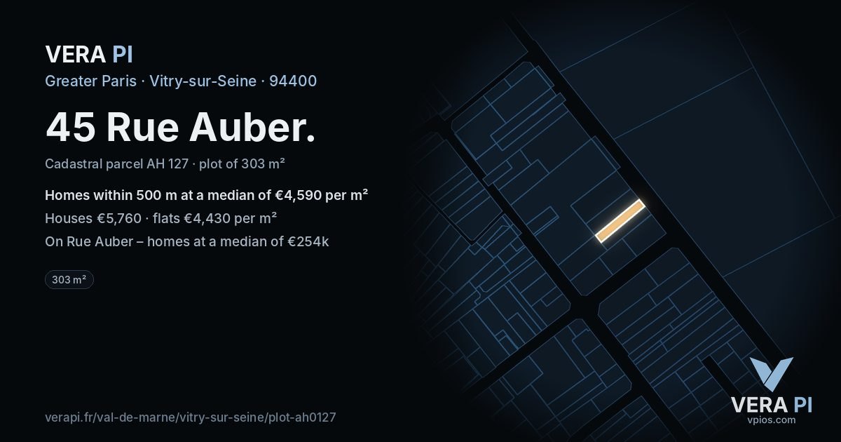 45 Rue Auber, Vitry-sur-Seine at night – the plot lit, the parcels around coloured by the prices near them