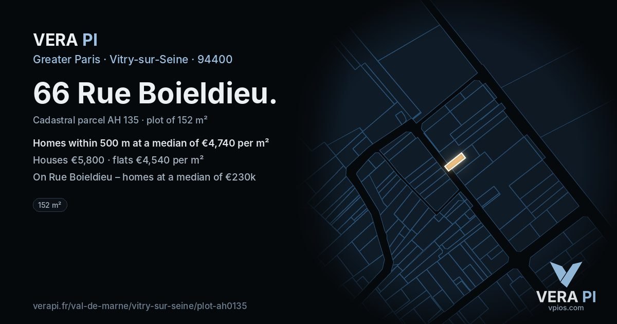 66 Rue Boieldieu, Vitry-sur-Seine at night – the plot lit, the parcels around coloured by the prices near them