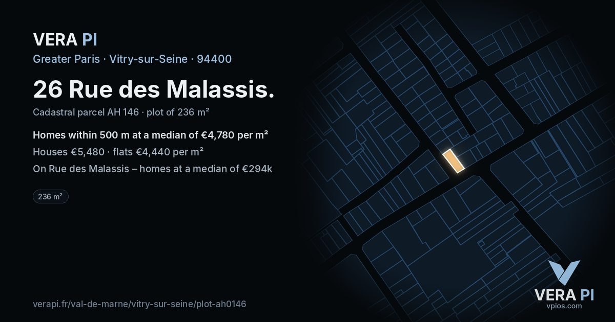 26 Rue des Malassis, Vitry-sur-Seine at night – the plot lit, the parcels around coloured by the prices near them