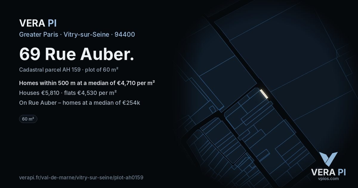 69 Rue Auber, Vitry-sur-Seine at night – the plot lit, the parcels around coloured by the prices near them