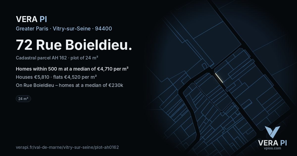 72 Rue Boieldieu, Vitry-sur-Seine at night – the plot lit, the parcels around coloured by the prices near them