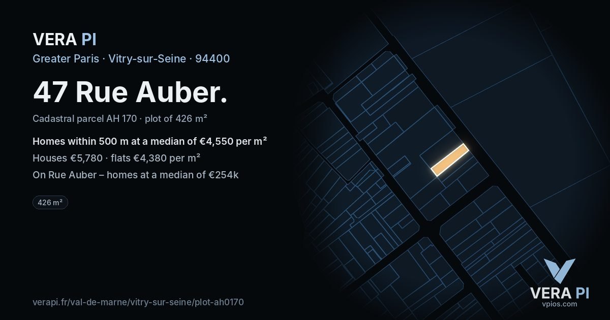47 Rue Auber, Vitry-sur-Seine at night – the plot lit, the parcels around coloured by the prices near them
