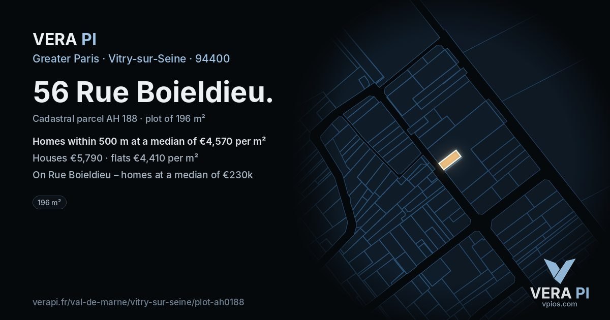 56 Rue Boieldieu, Vitry-sur-Seine at night – the plot lit, the parcels around coloured by the prices near them