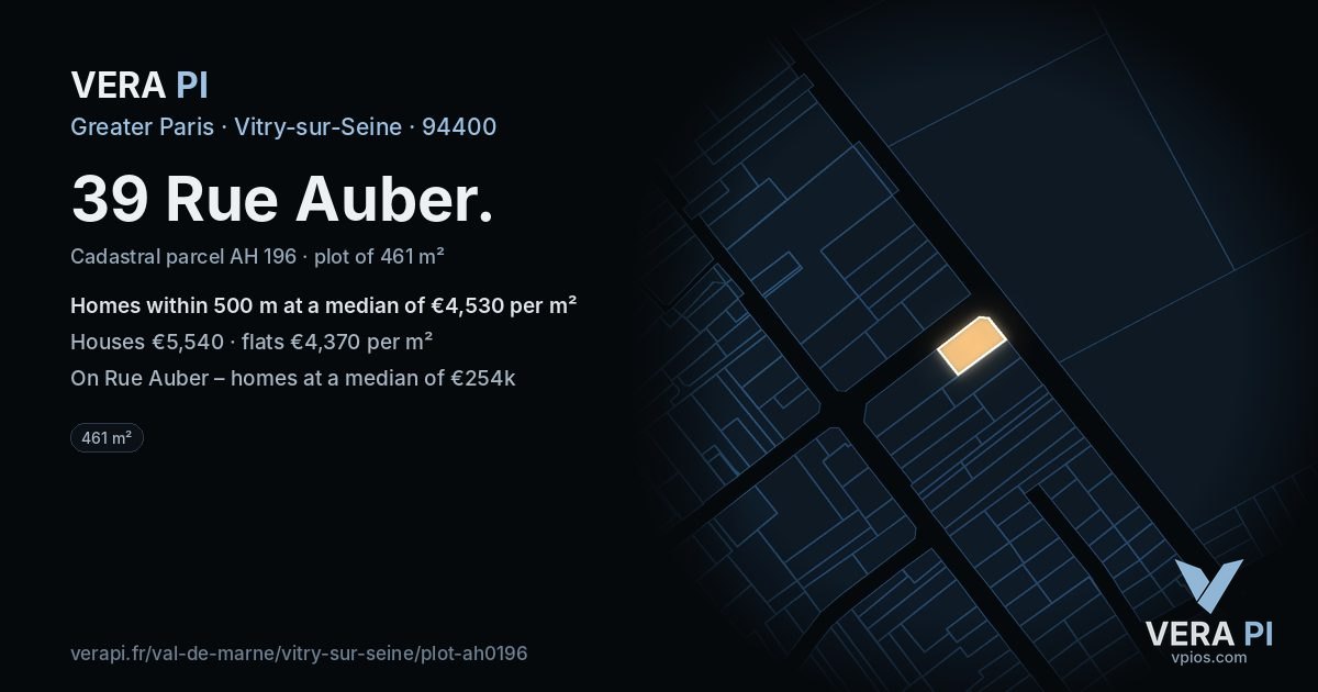 39 Rue Auber, Vitry-sur-Seine at night – the plot lit, the parcels around coloured by the prices near them