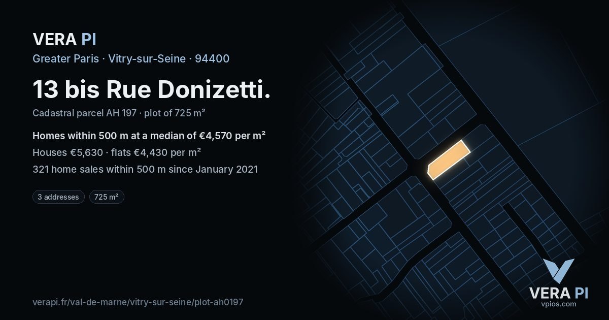 13 bis Rue Donizetti, Vitry-sur-Seine at night – the plot lit, the parcels around coloured by the prices near them