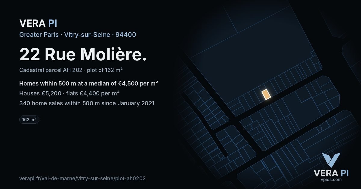 22 Rue Molière, Vitry-sur-Seine at night – the plot lit, the parcels around coloured by the prices near them
