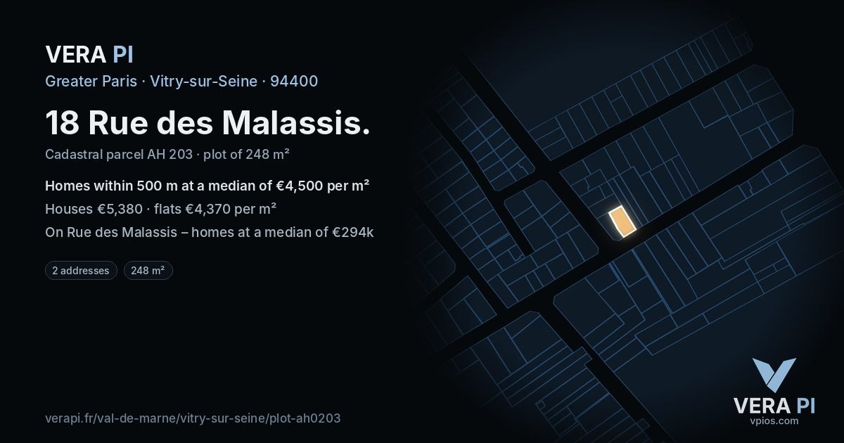 18 Rue des Malassis, Vitry-sur-Seine at night – the plot lit, the parcels around coloured by the prices near them
