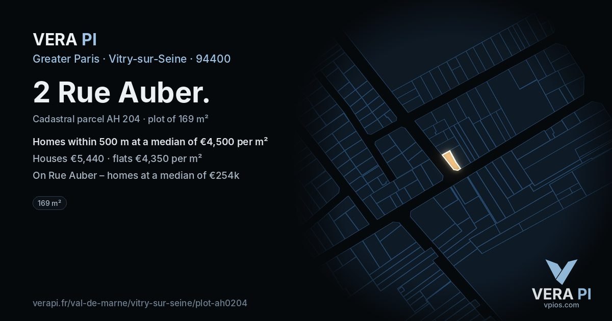 2 Rue Auber, Vitry-sur-Seine at night – the plot lit, the parcels around coloured by the prices near them