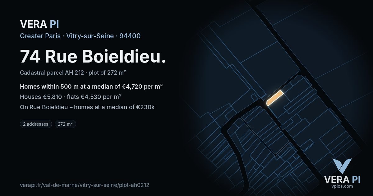 74 Rue Boieldieu, Vitry-sur-Seine at night – the plot lit, the parcels around coloured by the prices near them