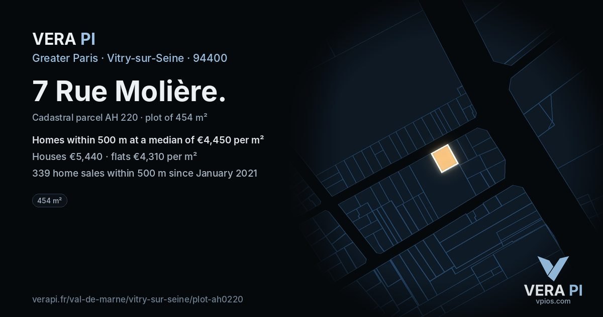 7 Rue Molière, Vitry-sur-Seine at night – the plot lit, the parcels around coloured by the prices near them