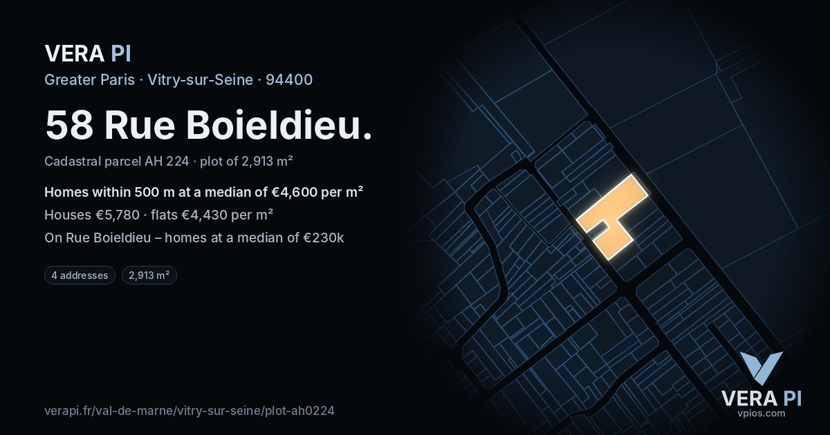 58 Rue Boieldieu, Vitry-sur-Seine at night – the plot lit, the parcels around coloured by the prices near them