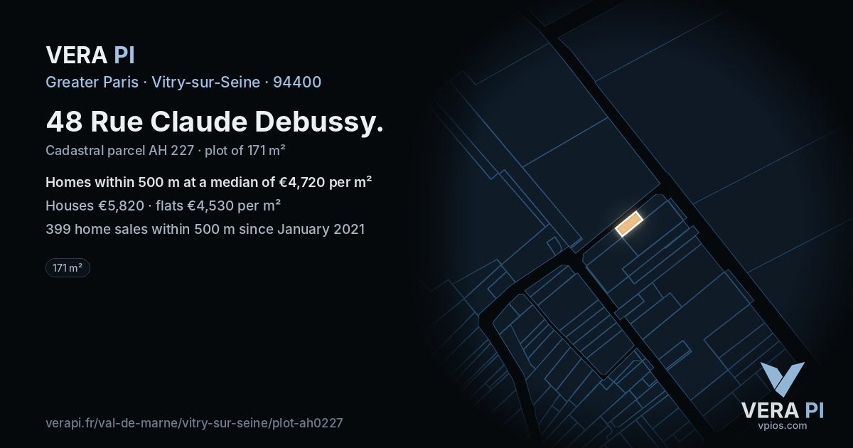 48 Rue Claude Debussy, Vitry-sur-Seine at night – the plot lit, the parcels around coloured by the prices near them