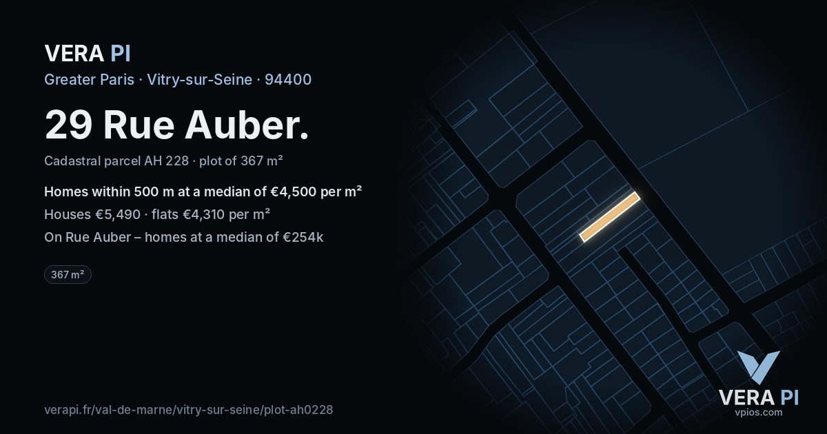 29 Rue Auber, Vitry-sur-Seine at night – the plot lit, the parcels around coloured by the prices near them