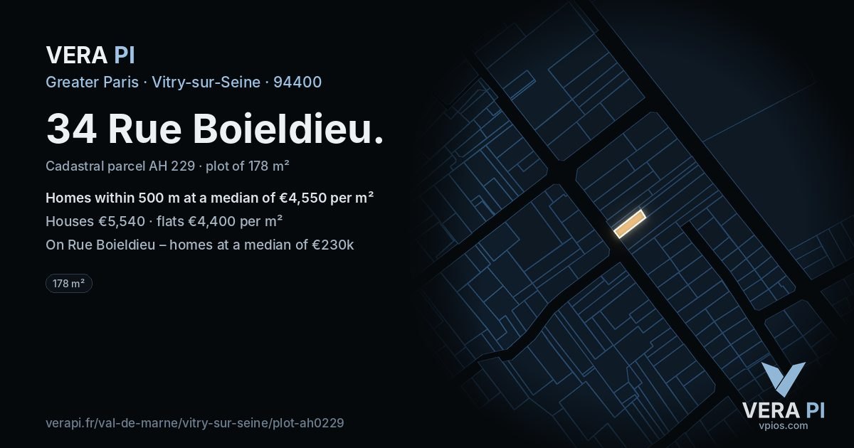 34 Rue Boieldieu, Vitry-sur-Seine at night – the plot lit, the parcels around coloured by the prices near them