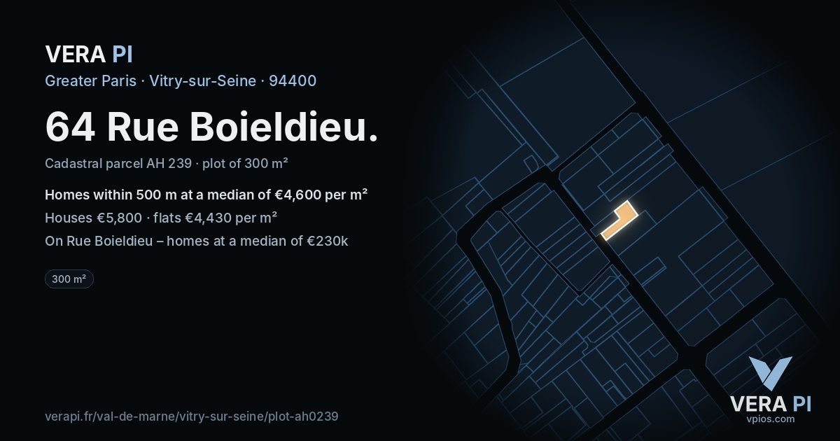 64 Rue Boieldieu, Vitry-sur-Seine at night – the plot lit, the parcels around coloured by the prices near them
