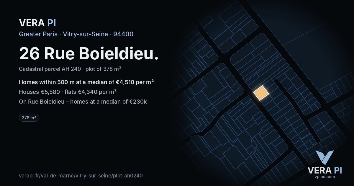 26 Rue Boieldieu, Vitry-sur-Seine at night – the plot lit, the parcels around coloured by the prices near them
