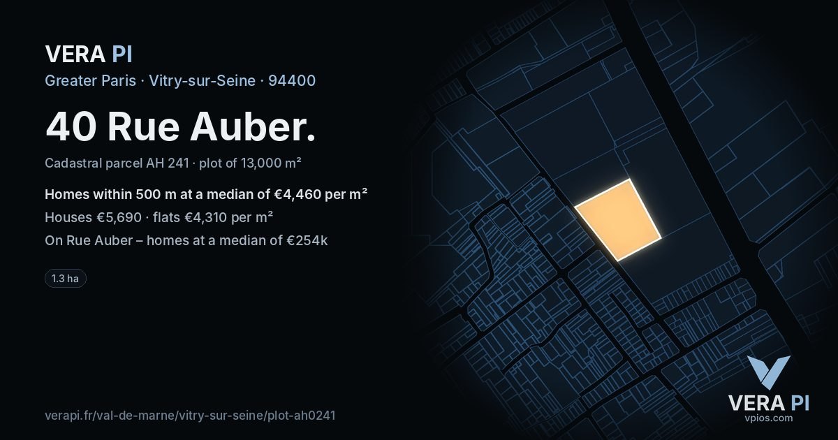 40 Rue Auber, Vitry-sur-Seine at night – the plot lit, the parcels around coloured by the prices near them