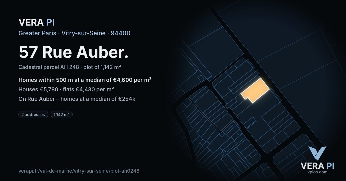 57 Rue Auber, Vitry-sur-Seine at night – the plot lit, the parcels around coloured by the prices near them