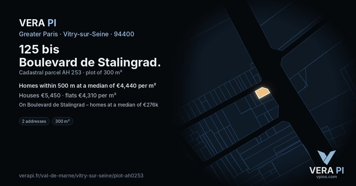 125 bis Boulevard de Stalingrad, Vitry-sur-Seine at night – the plot lit, the parcels around coloured by the prices near them
